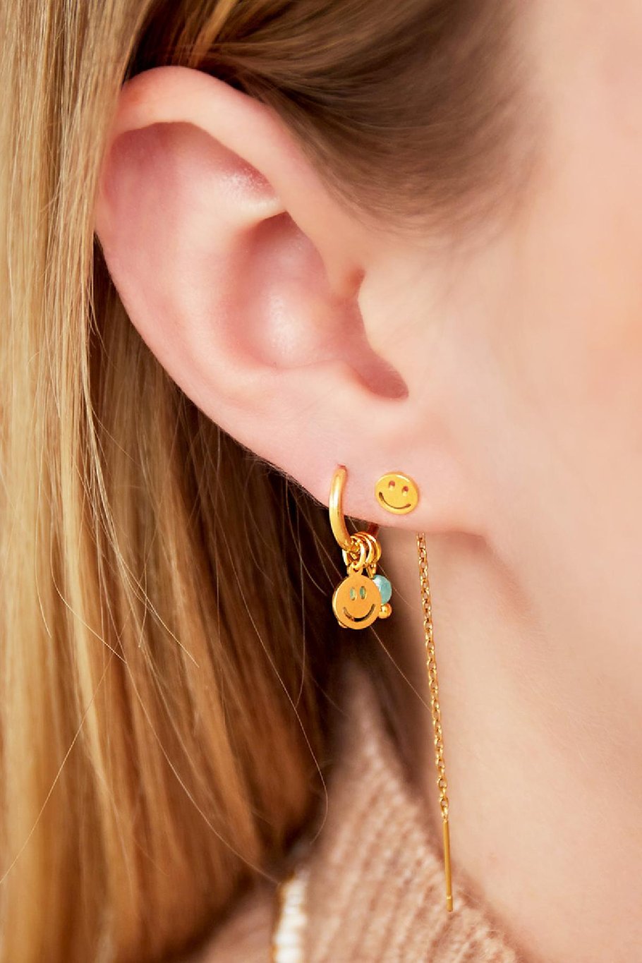 Golden stainless steel earrings smiley &amp; stones Pink Picture2